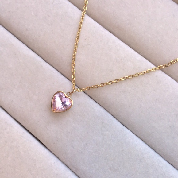 Rose Pink + Gold Crystal Heart Drop Pendant Necklace - Picture 4 of 5